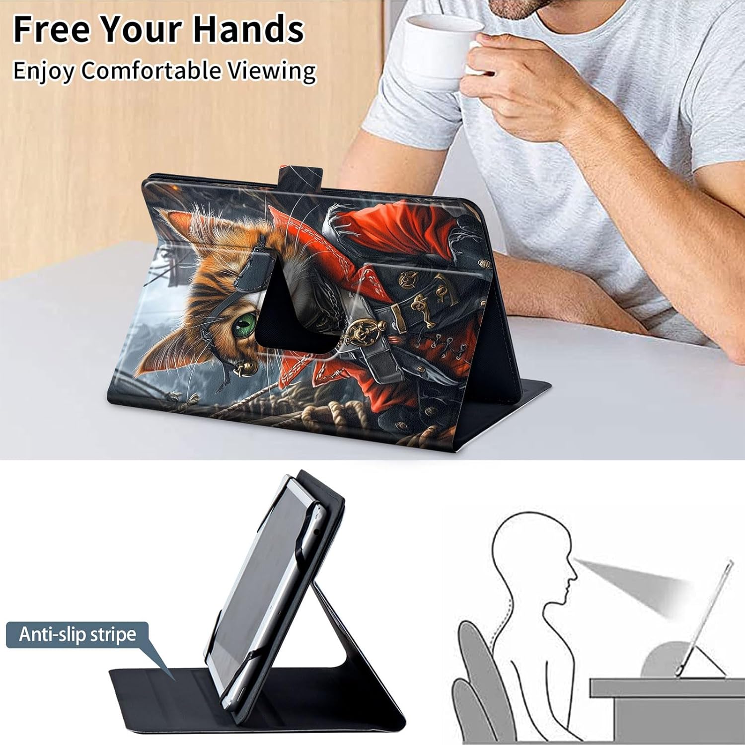 Universal 10 Inch Tablet Case, 10.1 Inch Tablet Case with 360 Rotating Stand, PU Leather Folio Cover, Compatible with Fire HD 10 2023, Galaxy Tab, iPad 9th/ 8th, Cute Pirate Cat
