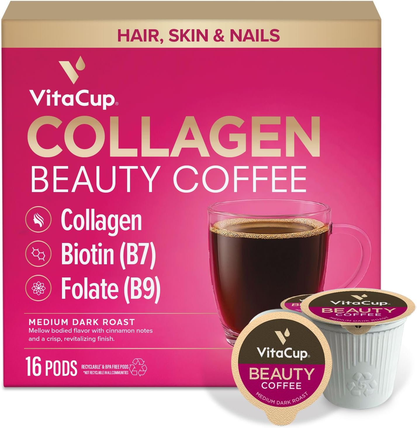 VitaCup Beauty Collagen Medium Dark Roast Coffee Pods, 16ct