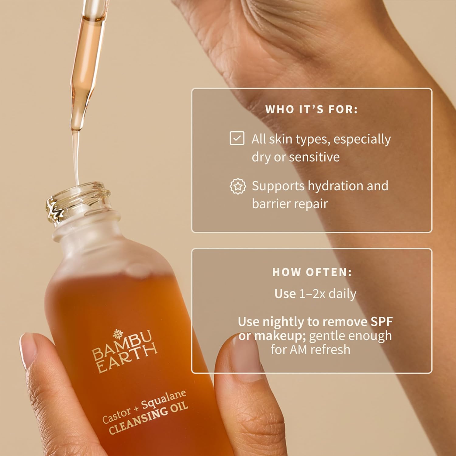 Bambu Earth Castor + Squalane Cleansing Face Oil - Gentle Formula Hydrating Makeup Remover - Restores Skin's Natural Moisture Barrier, Rich in Omega Fatty Acids, Skincare for All Skin Types - 2 Fl. oz - Image 3