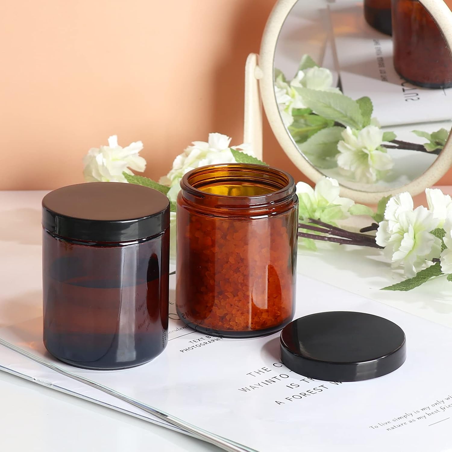 EkkoVla 24 Pack 8 oz Amber Round Glass Jars with 24 Black Lids, Candle Making Jar, Empty Refillable Cosmetic Containers for Lotions, Face Creams, Body Butter, Powders, Ointments, Beauty Products : Beauty & Personal Care