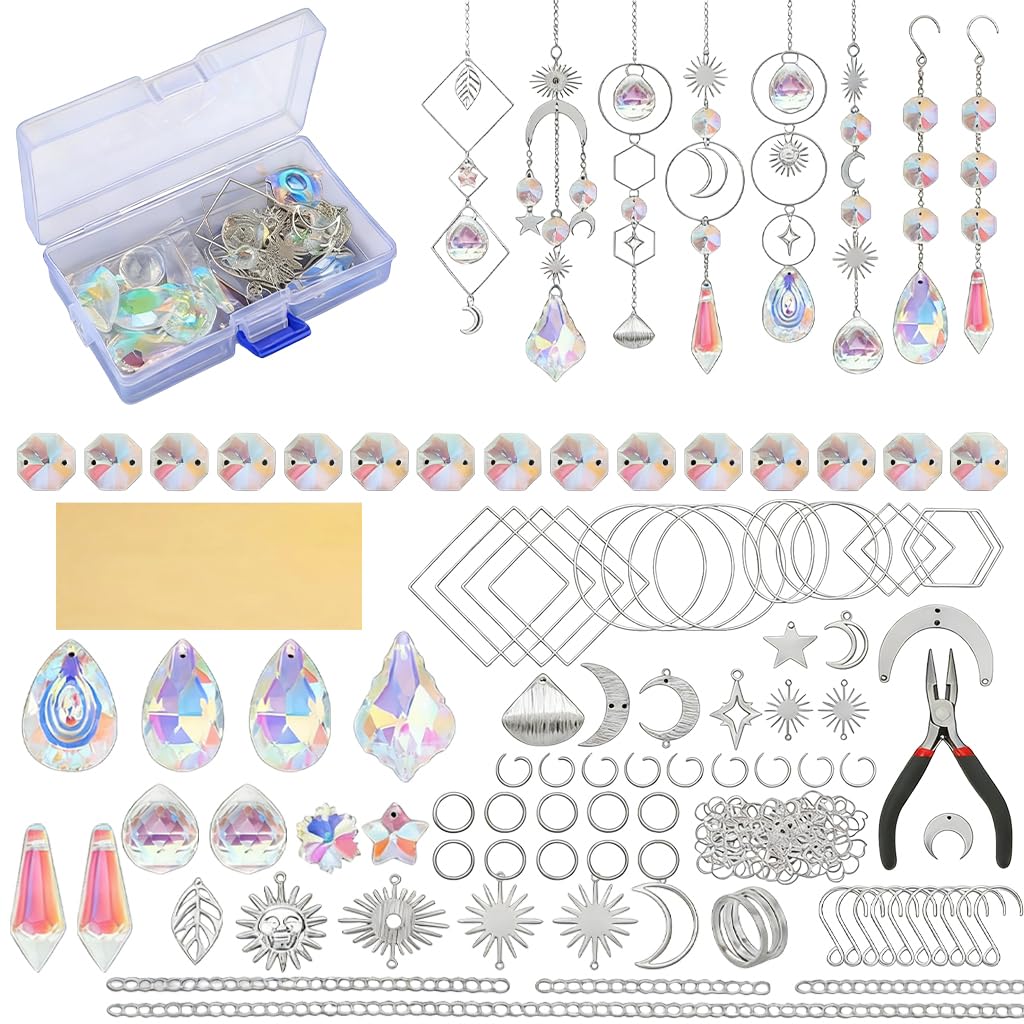 Zibuyu® 200Pcs DIY Sun Catcher Making Kit with Crystals & Charms Iridescent Resin Pendants, Sun Moon Star Leaf Charms, Pliers Jump Rings Chains & Earring Hooks, Window Suncatcher & Jewelry Craft Set-image-15