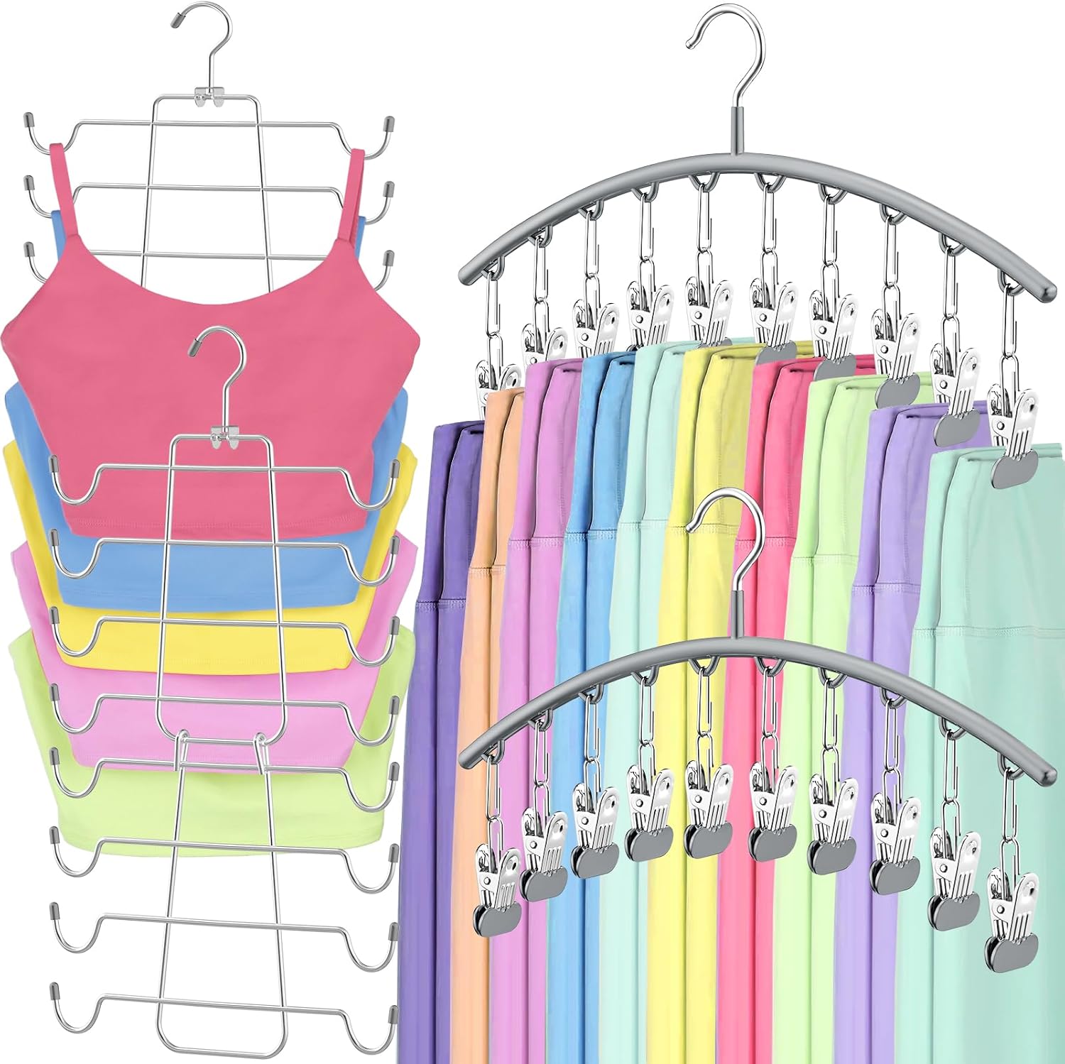 TomCare 2 Pack Tank Top Hanger and 2 Pack Leggings Organizers Space Saving Sport Bras Organizer Metal Yoga Pants Hangers with 20 Clips Hanging Closet Organizers and Storage, Grey Gray