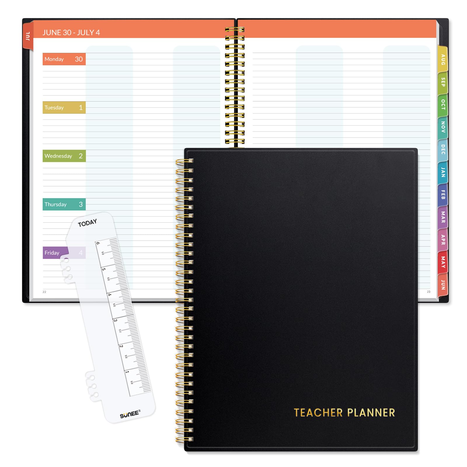 SUNEE Teacher Planner 2025-2026 Academic Year, Lite Lesson Planner Book with 7 Periods Jul 2025 - Jun 2026, 8.5"x11" Daily Weekly and Monthly Organizers, Plan Book with Pocket Folder, Color Tabs,Black