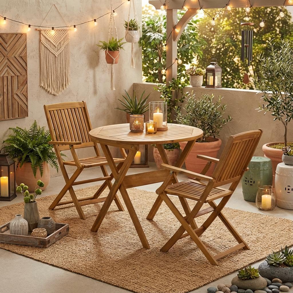 Oil-Finish 3-Piece Outdoor Bistro Table Set with Wooden Folding Table and 2 Folding Chairs, Oil Finish, for Patio and Garden Use