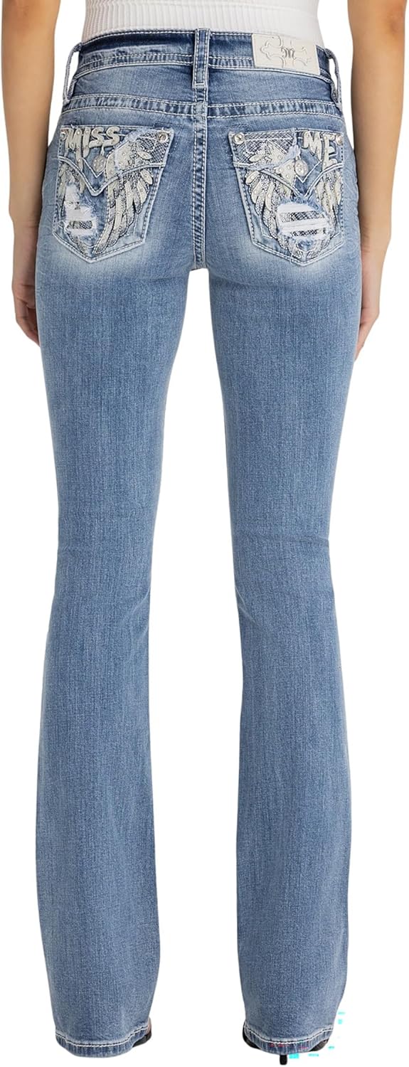 Miss Me Women's Angel Rebel Mid Rise Bootcut Jeans with Faux Flap Pockets