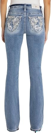 Miss Me Womens Angel Rebel Mid Rise Bootcut Jeans with Faux Flap Pockets