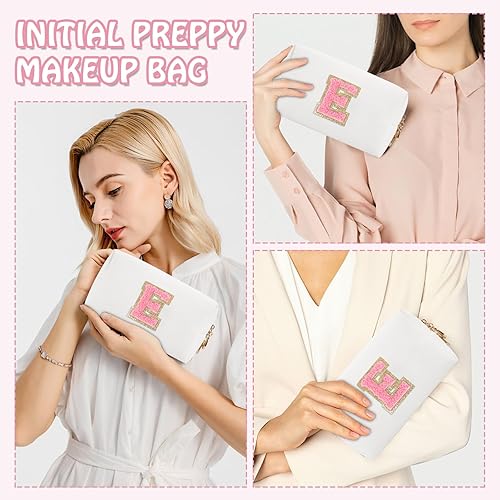 Miniatura 5 de Bolsa de maquillaje preppy inicial personalizada Pequeña bolsa de carta de chenilla de viaje linda, blanco-1