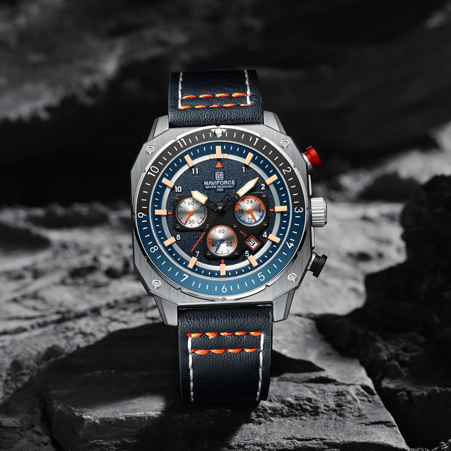 NAVIFORCE Men's Fashion Sport Watches Military Square Big Face Waterproof Chronograph Wristwatch with Luminous Hands,Leather Strap