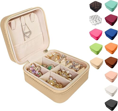 Jemjosh Joyero pequeño de viaje, mini joyero portátil de cuero, organizador de anillos, estuche organizador de anillos, cajas de regalo para niñas y