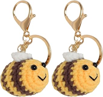 Tizee 2 Pcs Handmade Crochet Bees Keychain Bag Charms Key Rings, Gifts for Women Girls,Handbag Backpack Purse Accessories