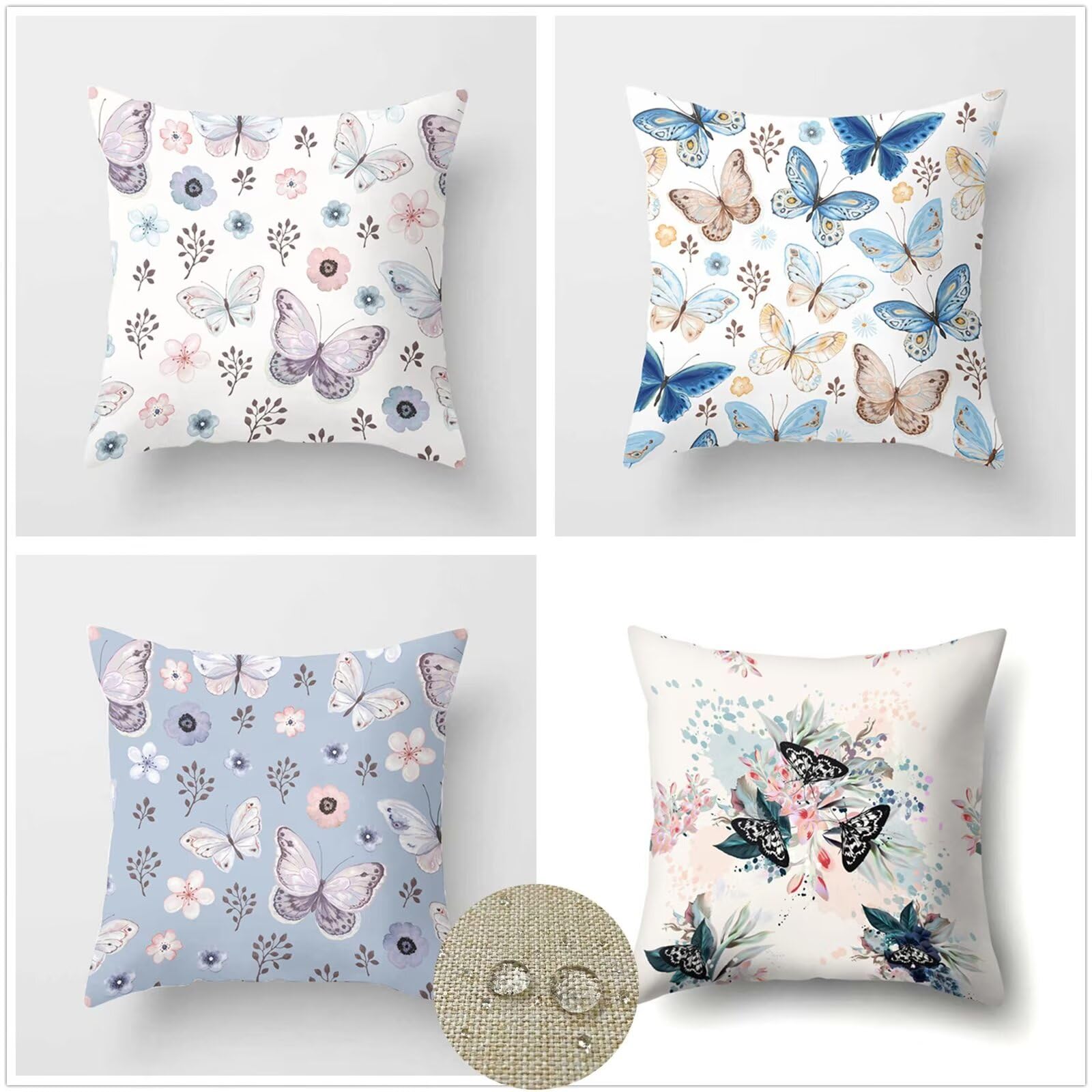Federe Cuscini Divano 60x60cm Set di 4 Cuscini per Divano in Lino Cuscini da Esterno,Quadrato Doppio Lato Estate Impermeabili Farfalla Cuscini Decorativi,per Divano Soggiorno Sedia Letto Blu OW-1342