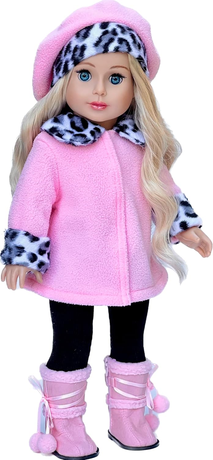 Elegance - 4 Piece 18 inch Doll Outfit - Pink Fleece Coat, Matching Hat, Brown Pants and Sherpa Boots - (Doll Not Included)