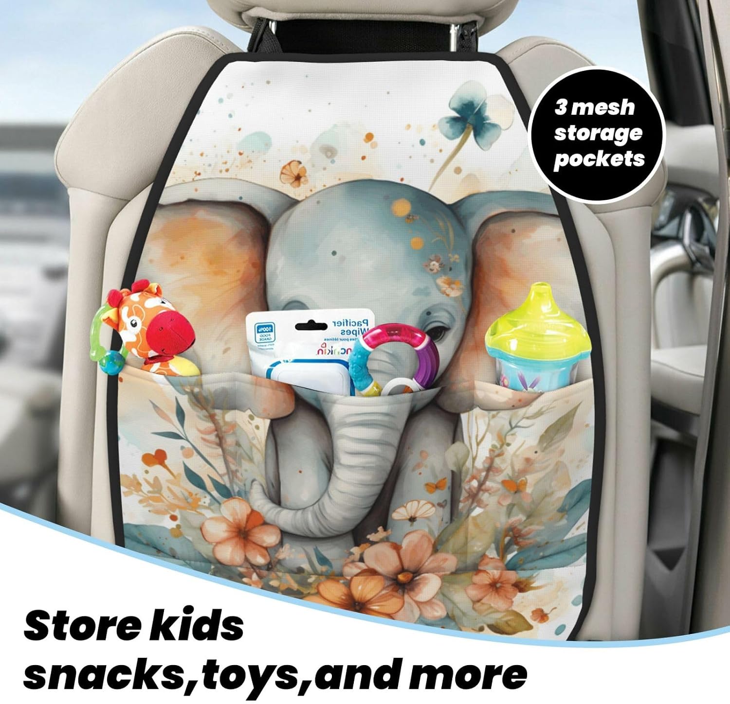Car Seat Back Kick Protector 2 Pack 18.5x26.4 Inch, Watercolor Bold Elephant Anti-Kick Pad, Waterproof Oxford Fabric Large Rear Seat Cover for Kids Pets Fits SUV Jeep Truck Sedan