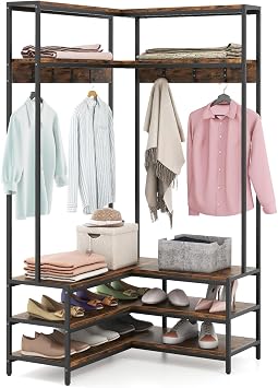 COSTWAY L-Shaped Clothes Rack, Corner Hall Tree Coat Rack with Shoe Storage Bench, Shelves and 7 Hooks, Metal Frame Freestanding Garment Coat Stand for Hallway Entryway Bedroom Rustic Brown+Black