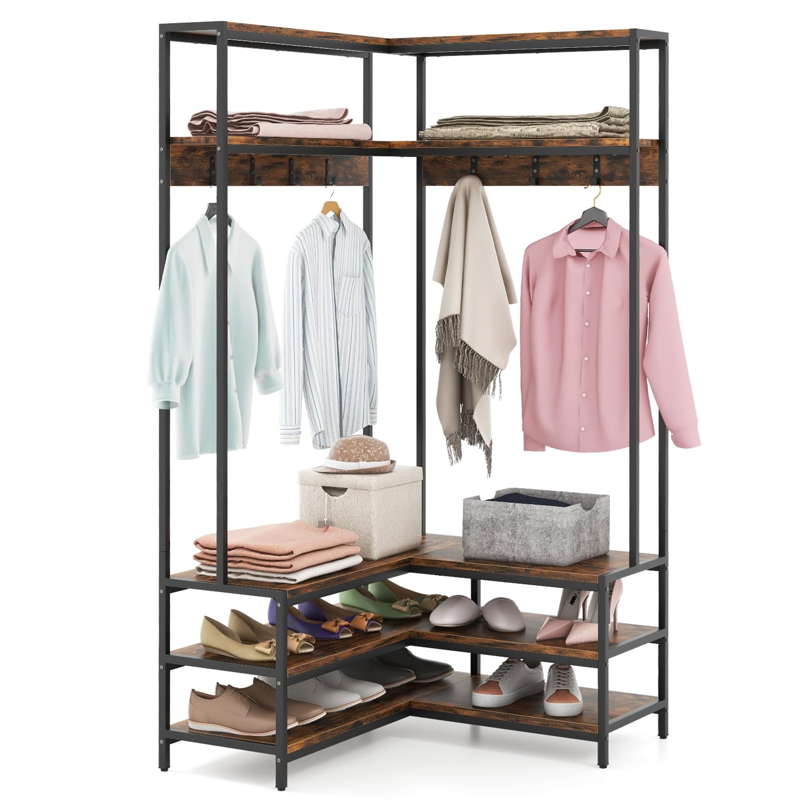 6-Etagen Eck-Kleiderständer Mit Wandregal – Garderobenregal Ankleiderzimmer (W.13)