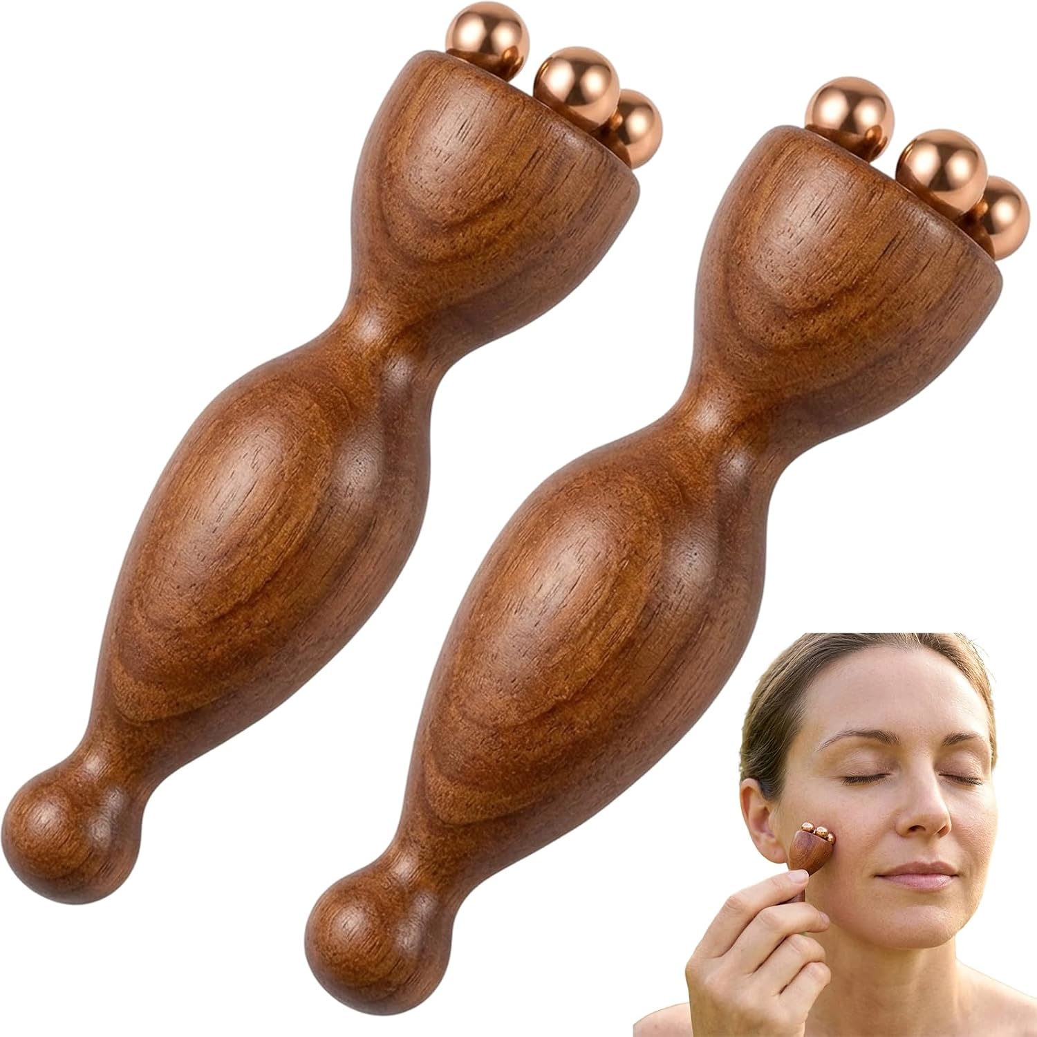 Wood Therapy Massage Tools, Facial Massage Tool with Copper Gua Sha, Eye Massager Tool for Acupressure, Wooden Facial Massage Set, Manual Massage Tools for Face and Head Relief, 2-Piece Massage Kit