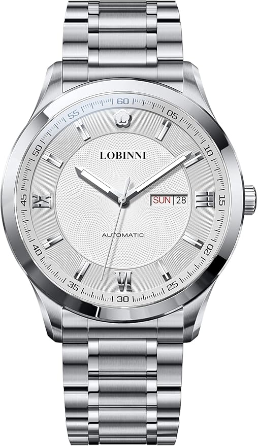 Lobinni Orologio Meccanico Automatico Uomo In Acciaio Inox - Con Funzione Giorno E Settimana - Lusso E Moda (Rosa-bianco-L) - 2