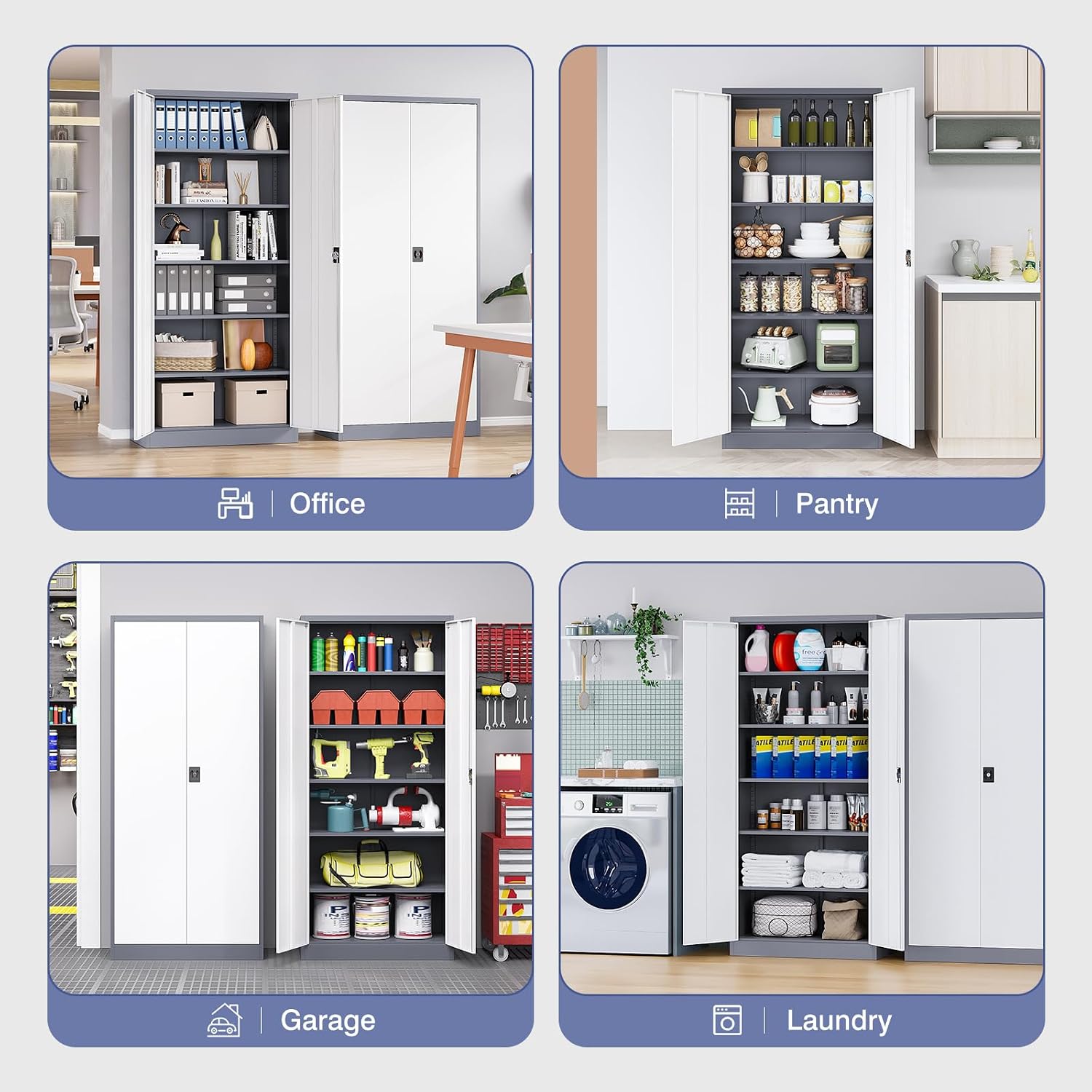Metal Cabinet,Locking Storage Cabinet with 2 Doors and 5 Adjustbale Shelves,72" Tall Tool Steel Cabinets for Garage,Home Office,School,Gym(Grey & White)