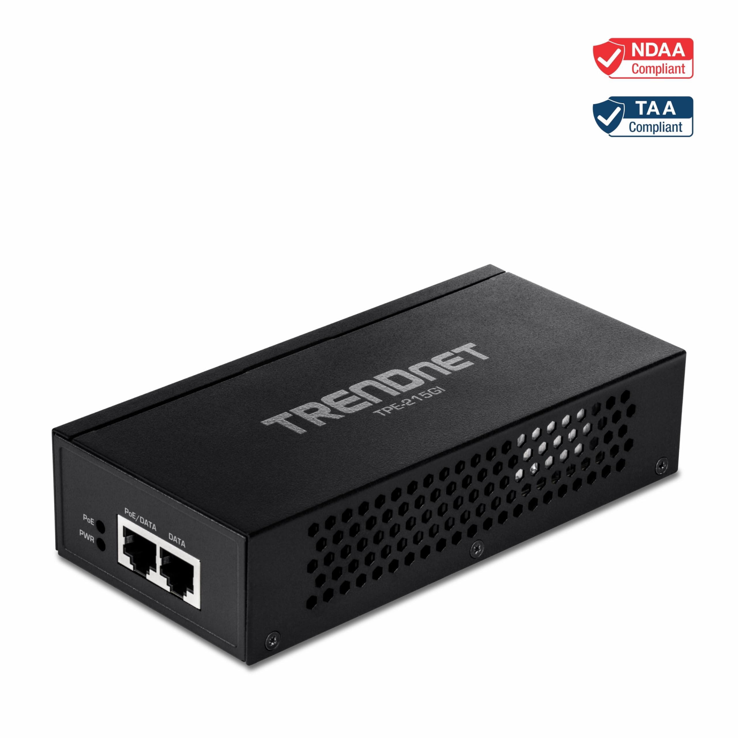 TRENDnet Wtryskiwacz 2,5 G TPE-215GI konwertuje port inny niż PoE na PoE+ zgodny z 2,5 GBASE-T, zintegrowany zasilacz, sieć i urządzenie do 100 m