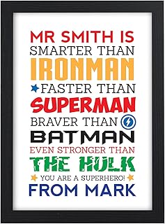 Personalised Thank You Teacher Gifts Super Hero Gifts for Male Teachers School - Gifts for Teachers, Teaching Assistants, Nursery Teachers - ANY NAME - A5 A4 Framed Prints or 18mm Wooden Blocks
