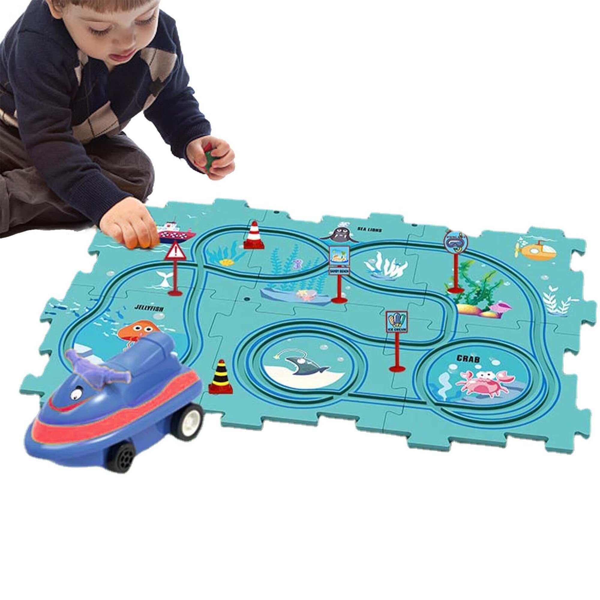 Kidology Montessori Car Rail Puzzle Car Track for Kids Ages 3-6 | Educational & Fun Race Track Play Set | Perfect Toddler Puzzle Toy Gift for Boys & Girls | Ideal Learning for Kids (Ocean Series)