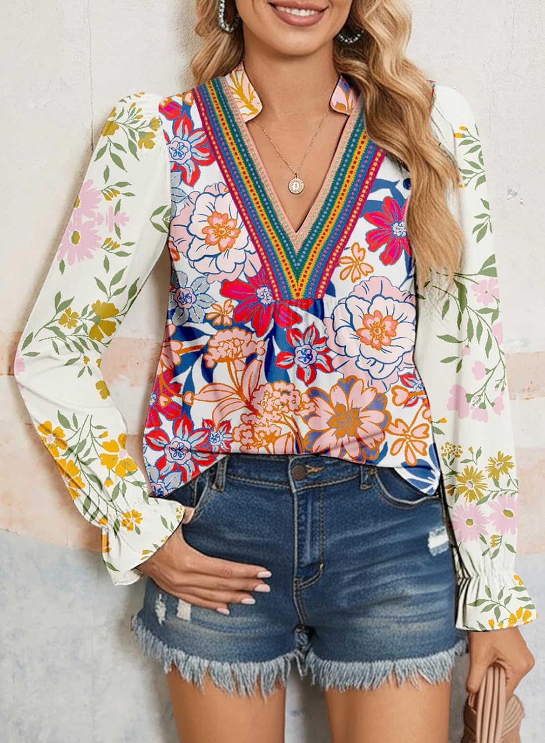 SHEWIN Women's Blouses Casual V Neck Long Sleeve Floral Print Chiffon Crochet Trim Tops Shirts - Image 3