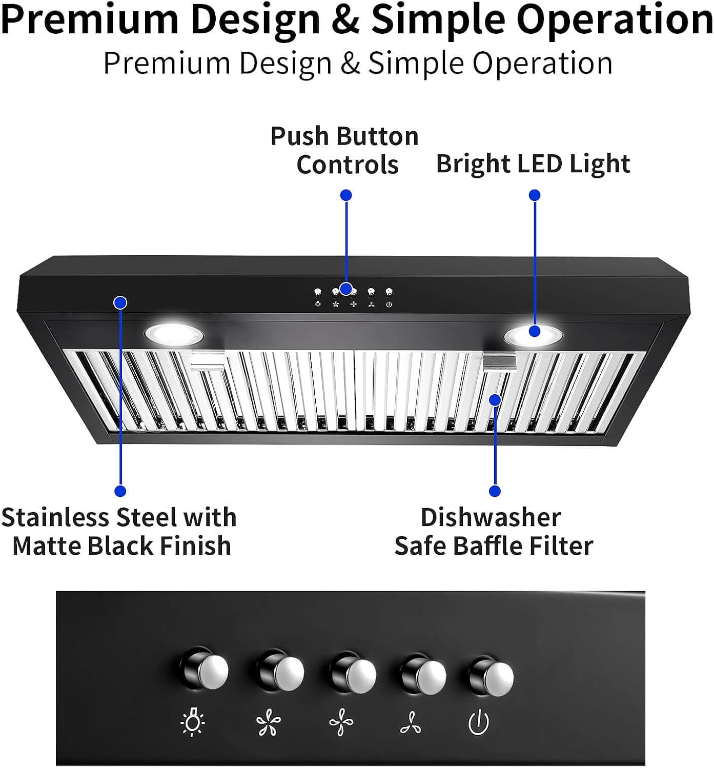 SNDOAS Black Range Hood 30 inch Under Cabinet,Stove Hood with 500 CFM and 3-speed Fan,Ductless Range Hood Convertible to Ducted,Kitchen Vent Hood with 3 Ways Venting,Baffle Filters,LED Lights