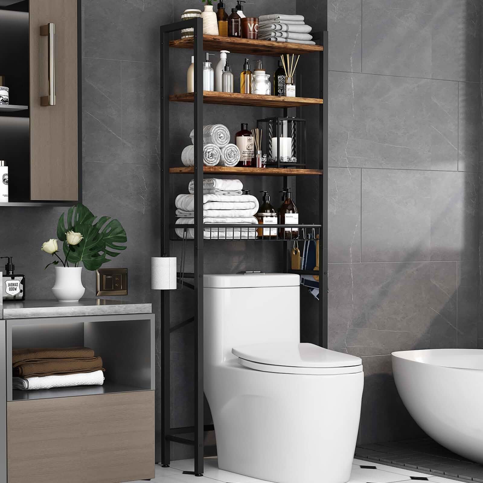 Kalrin Over-The-Toilet Storage Rack, 4-Tier Bathroom Organizer Shelf Over Toilet with Adjustable Shelf and Basket, Freestanding Space Saver Bathroom Shelves Above Toilet for Room (Vintage Brown) Metal