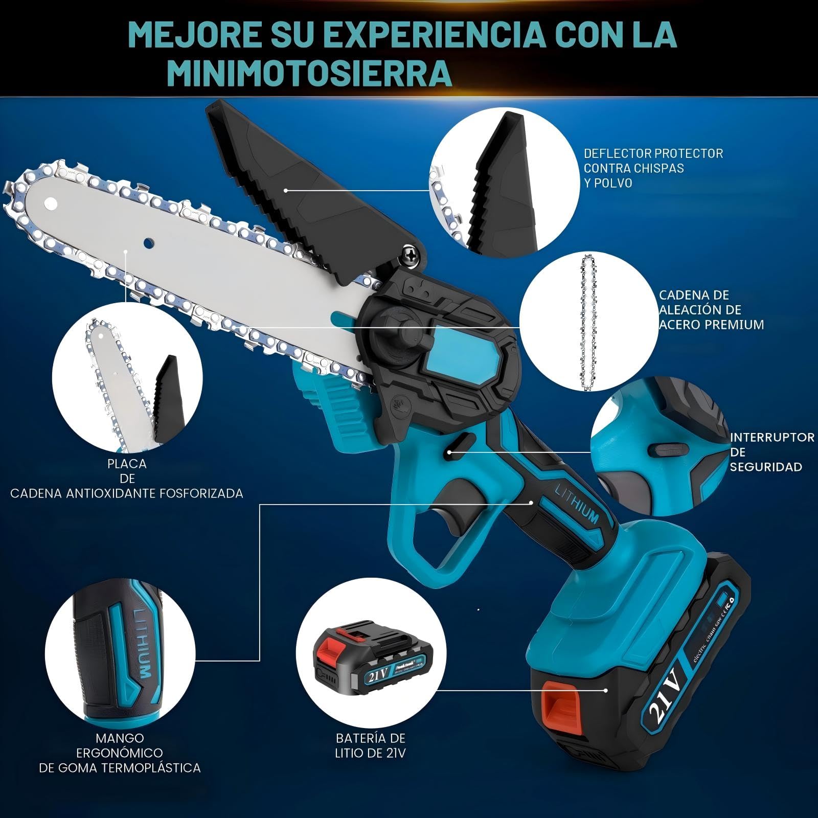 Mini Motosierra Bateria 6 Pulgadas, 1000W Motor Sin Escobillas, Motosierra Eléctrica con 2 Baterías y 2 Cadenas, Motosierra de Mano Portátil Inalámbrica para Podar Árboles de Jardinería y Madera DIY