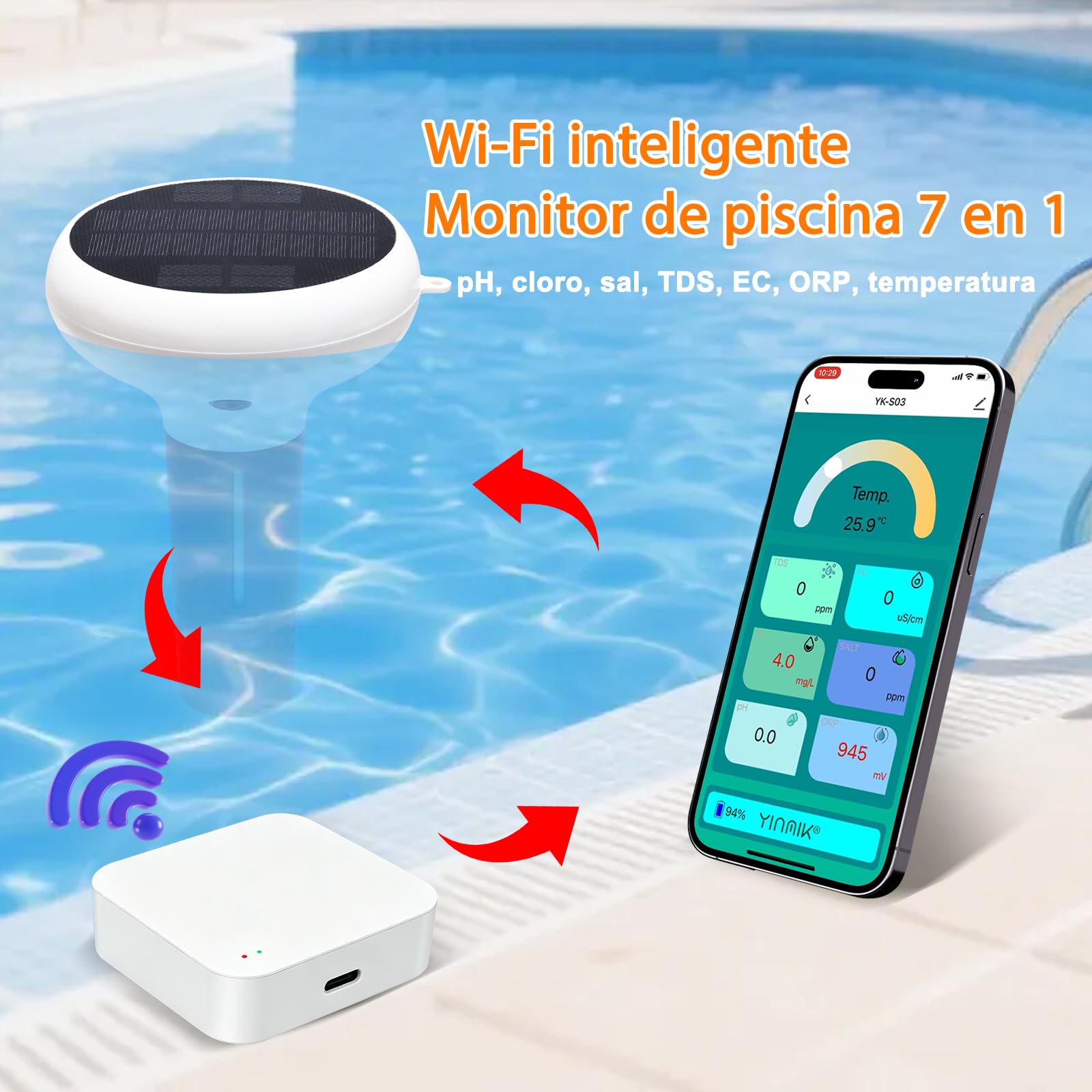 Medidor Cloro, pH y Salinidad Piscinas, 7 en 1 pH FAC Sal ORP EC TDS y Temp, Flotante Medidor de Cloro con Aplicación, Carga Solar Medidor Inteligente de pH para Piscinas, Acuarios, Spa