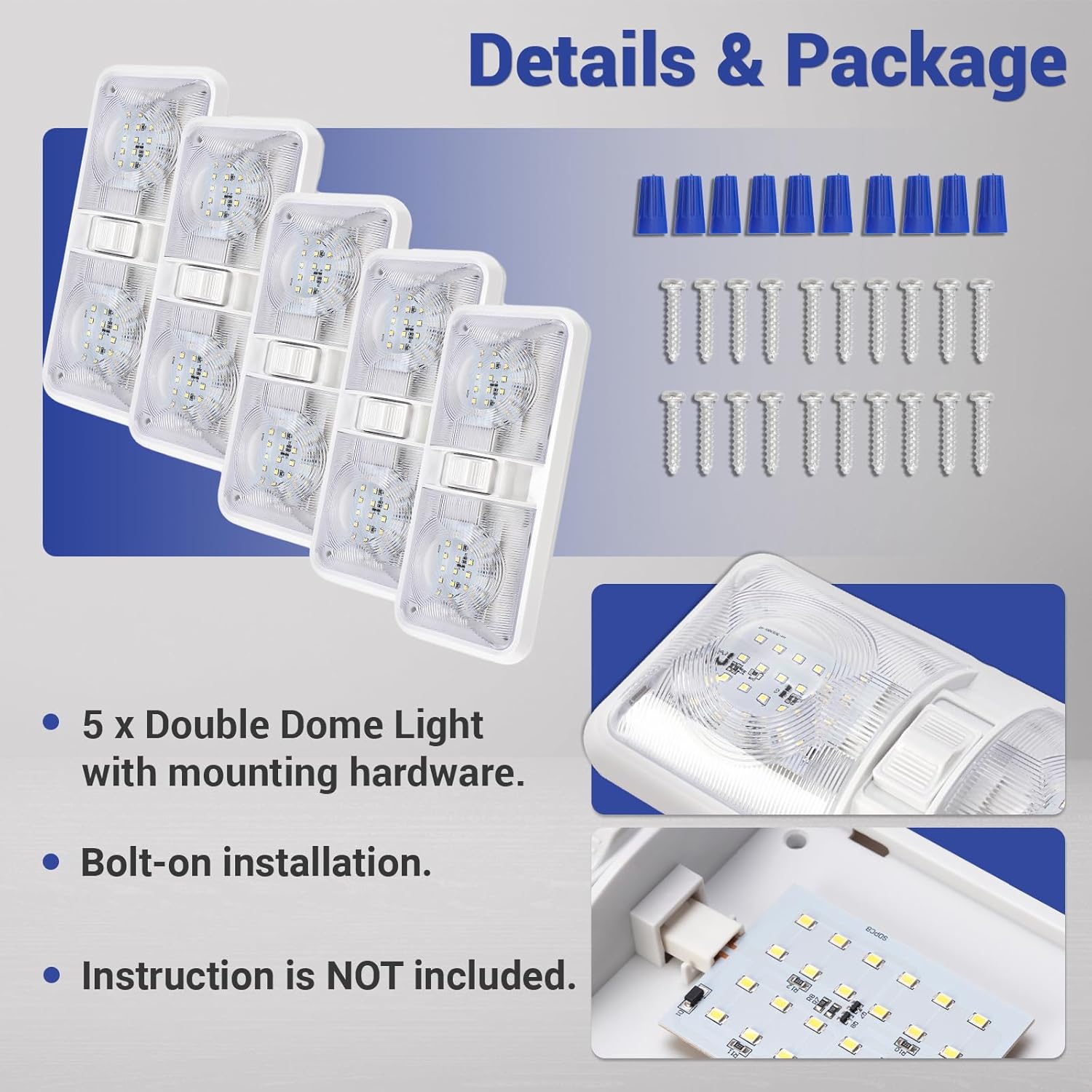 HECASA 12V LED Double Dome Light RV Lights Interior Compatible with RV Car Trailer Camper Boat Ceiling Lighting Fixture with 3-Way Switch 5Pcs