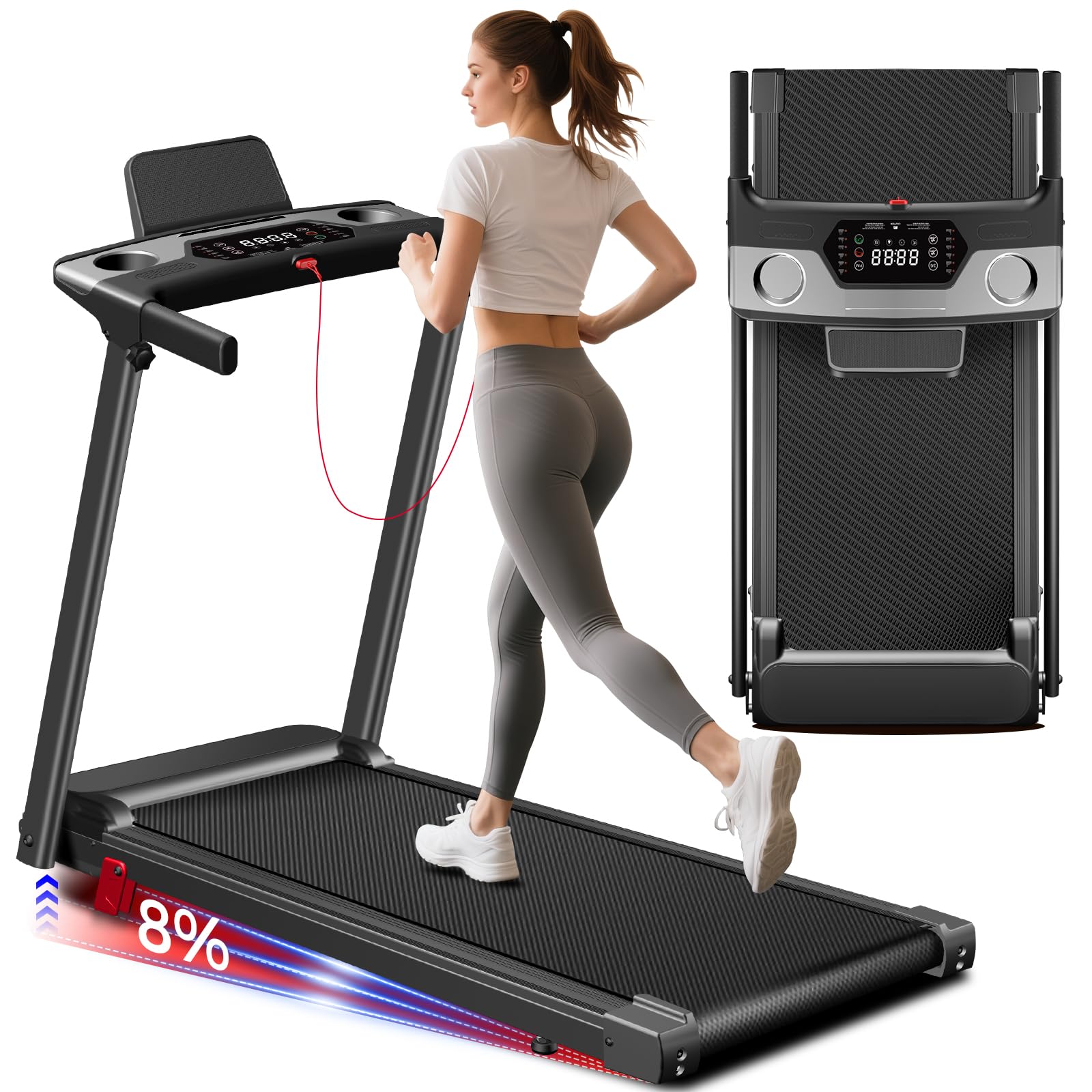 Treadmill with Incline 3-in-1 Portable Treadmills for Home Small, Incline Walking Pad Treadmill with Handle Bar, Walking Pad Foldable with 3.0HP Quiet Brushless, LED Dispay, 300LBS Capacity