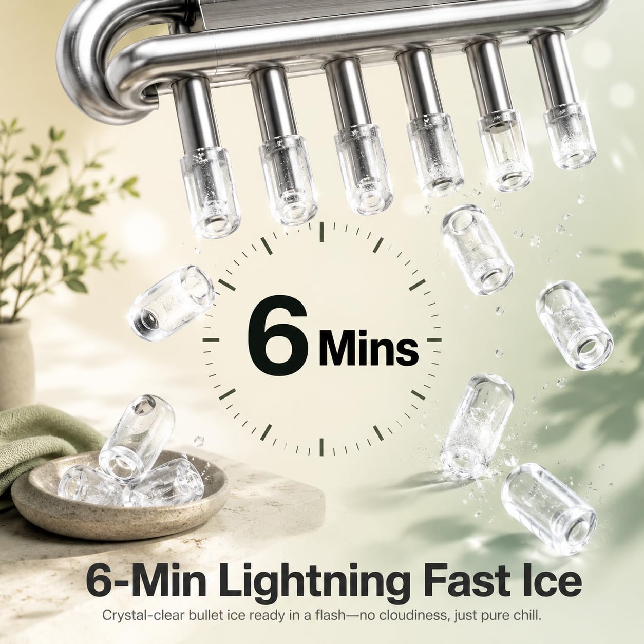 Máquina de Hielo de Bala Transparente, 9 Cubitos en 6-8 Min | Depósito 1,3L con hasta 63 cubitos, 2 tamaños ajustables y autolimpieza para hogar, oficina, camping y fiestas.