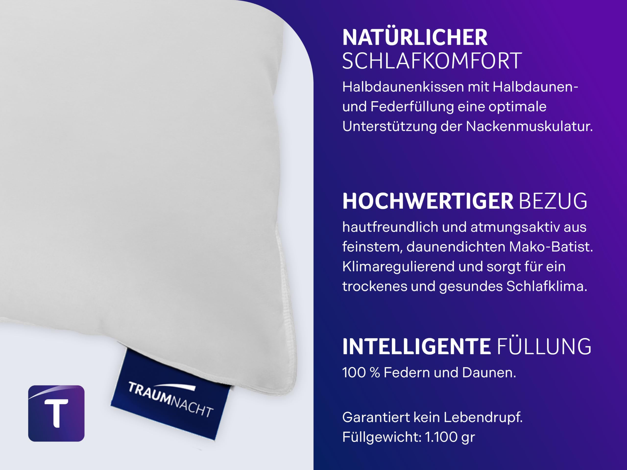 Traumnacht Komfort Daunenkissen mit hochwertiger Halbdaunenfüllung und daunendichtem Bezug aus 100% Baumwolle, Öko-Tex zertifiziert 80 x 80 cm, produziert nach deutschem Qualitätsstandard