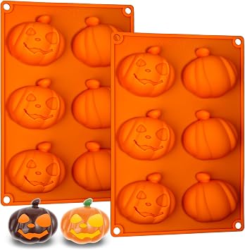Webake Pumpkin Silicone Jack-O-Lantern Mold for Hot Cocoa Bombs, 6-Cavity Halloween Mold for Baking Chocolate, Cupcake, Jelly Pack of 2
