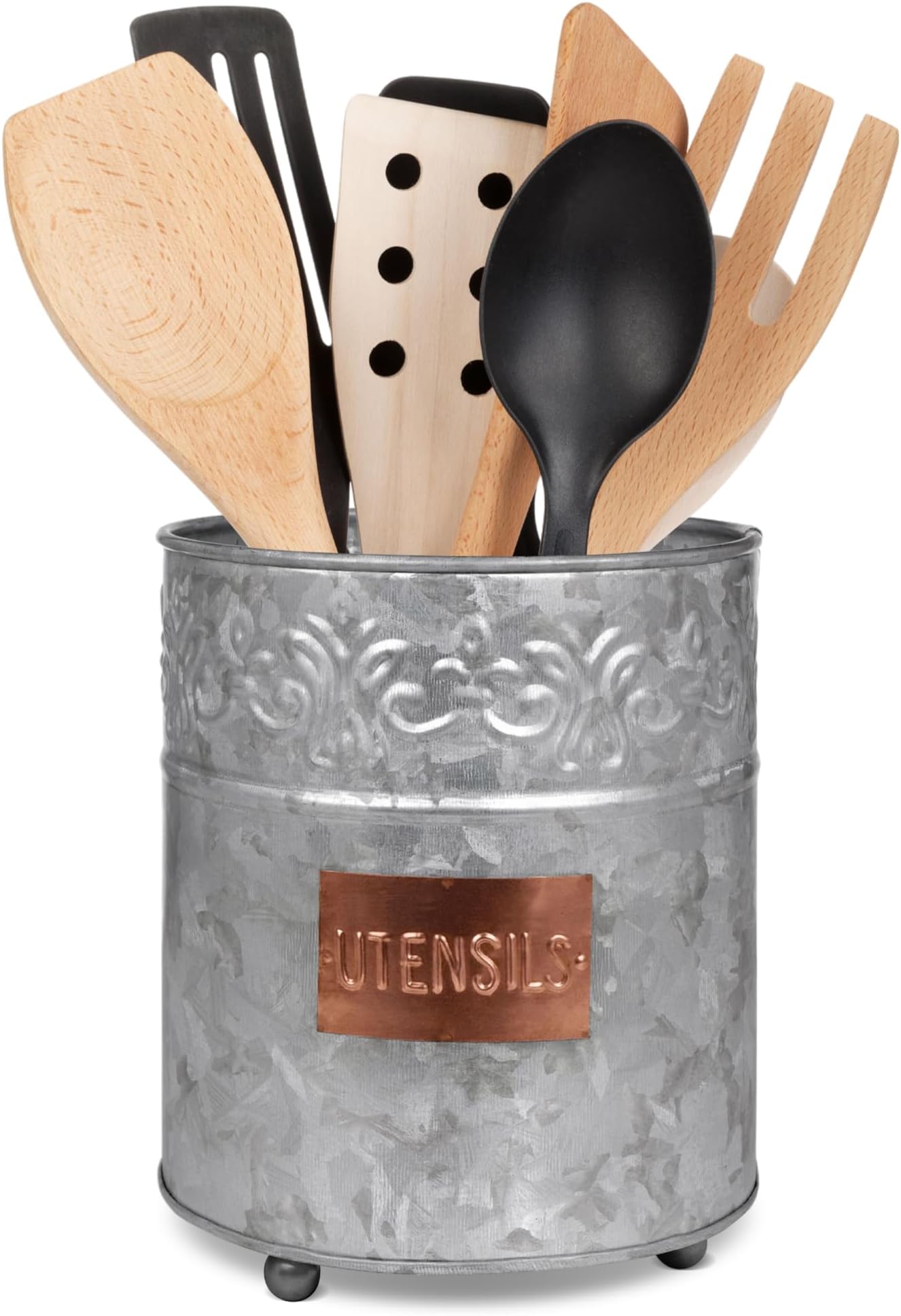 Autumn Alley Farmhouse Kitchen Utensil Holder, Large, Galvanized Steel with Rustic Copper Label adds Farmhouse Kitchen Decor Charm, Vintage Home Decor, Versatile Countertop Storage, 7.5” x 5.87”