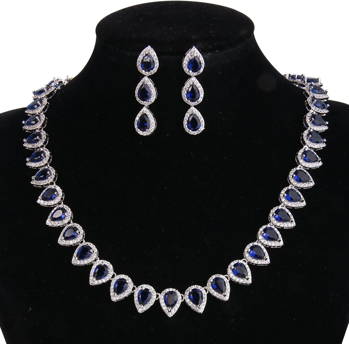 EleQueen Women's Silver-Tone Full Prong Cubic Zirconia Teardrop Bridal Necklace Earrings Set