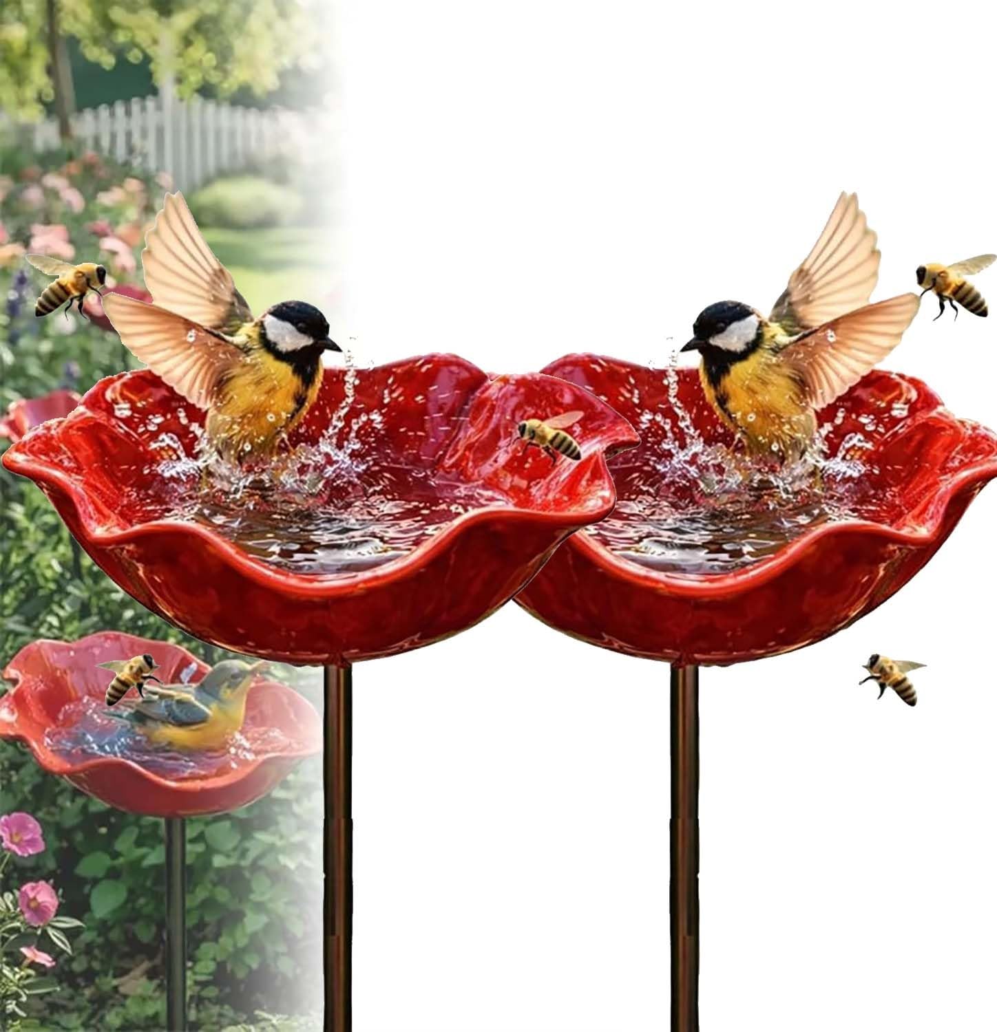 Handmade Metal Flower Garden Stake Bird Bath, Butterfly & Pollinator Watering Station, Resin Flower Bowl Bird Feeder for Garden Metal Bee Water Feeder, Weather-Resistant Garden Decor Gift
