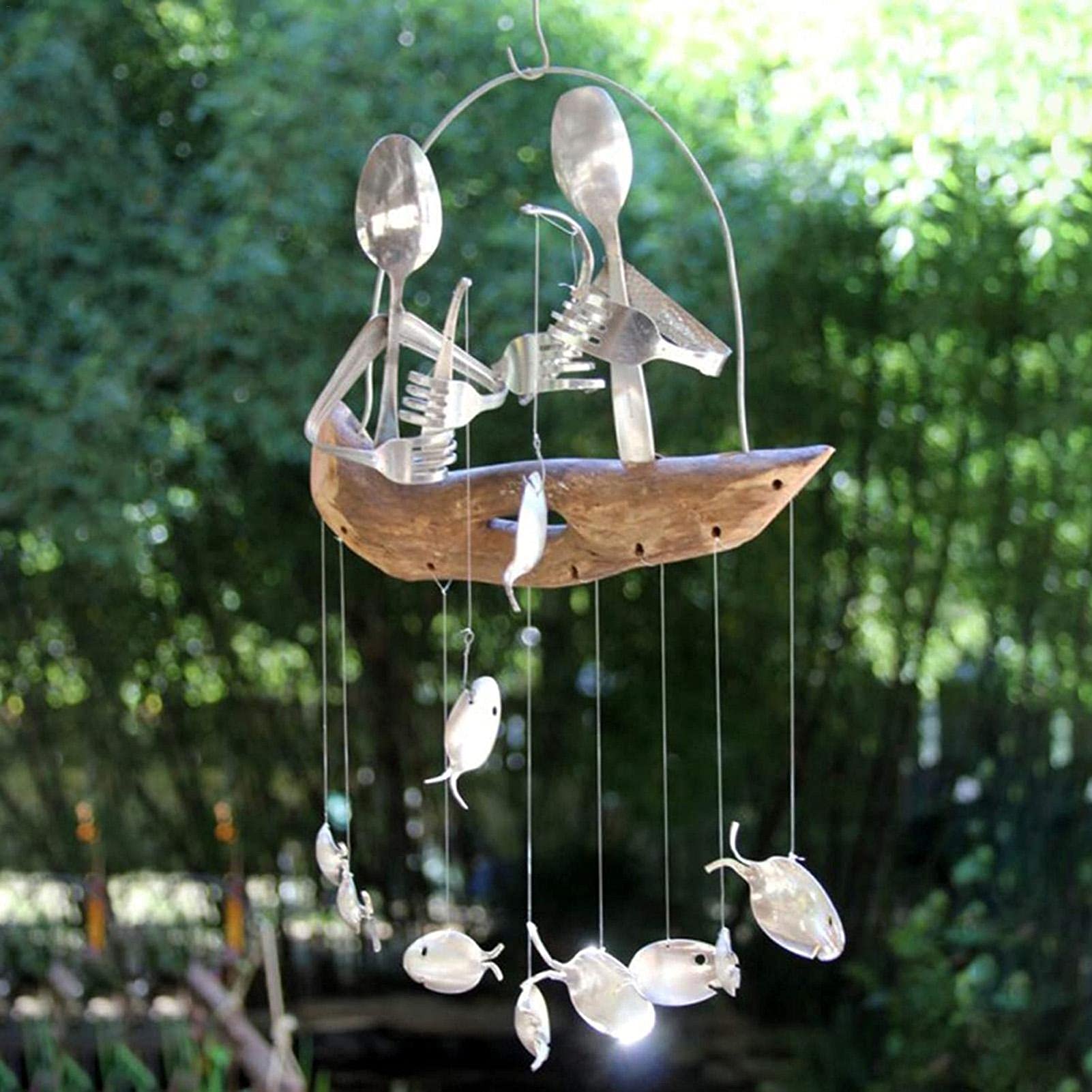 Angler Windspiel, Besteck Mann Fischlöffel Fisch Windspiel Angeln Mann Löffel Fischskulpturen Windspiel, Kreatures Design Küstenstil Windspiel Indoor Outdoor Hanging Room Ornament