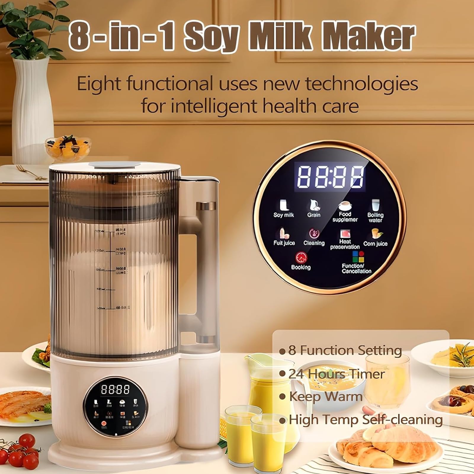 Sojamilchbereiter, 1.5L Nussmilchbereiter mit Selbstreinigung, 12 Klingen, Schalldichte Abdeckung, Macht Mandelmilch, Hafermilch, Pflanzenmilch, Saft mit 24H Verzögerung Timer