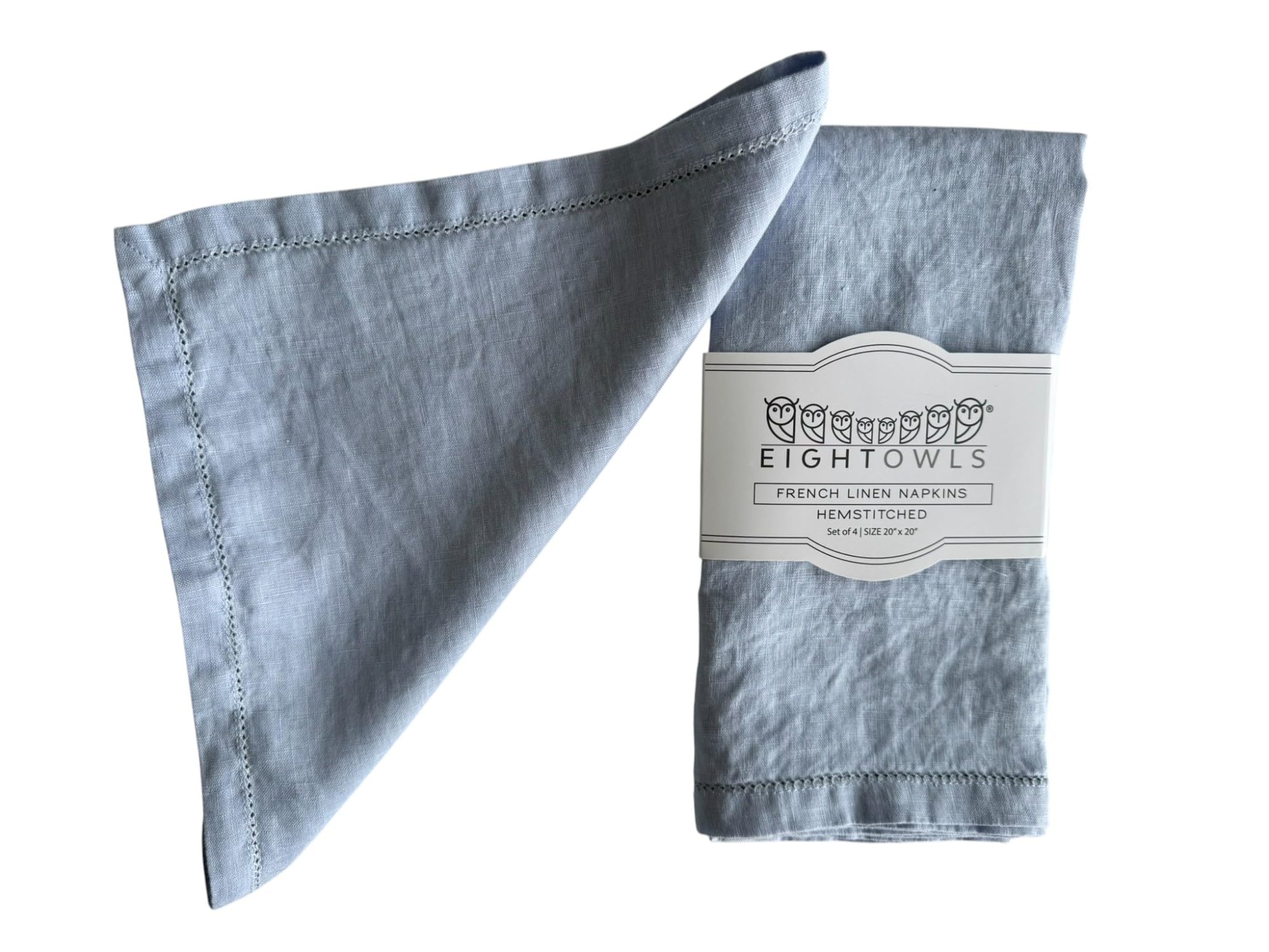 Hemstitched Linen Napkins – 50 cm x 50 cm - Stonewashed Pure Linen Cloth Napkins with Mitered Corners – Set of 4 (Dusty Blue)