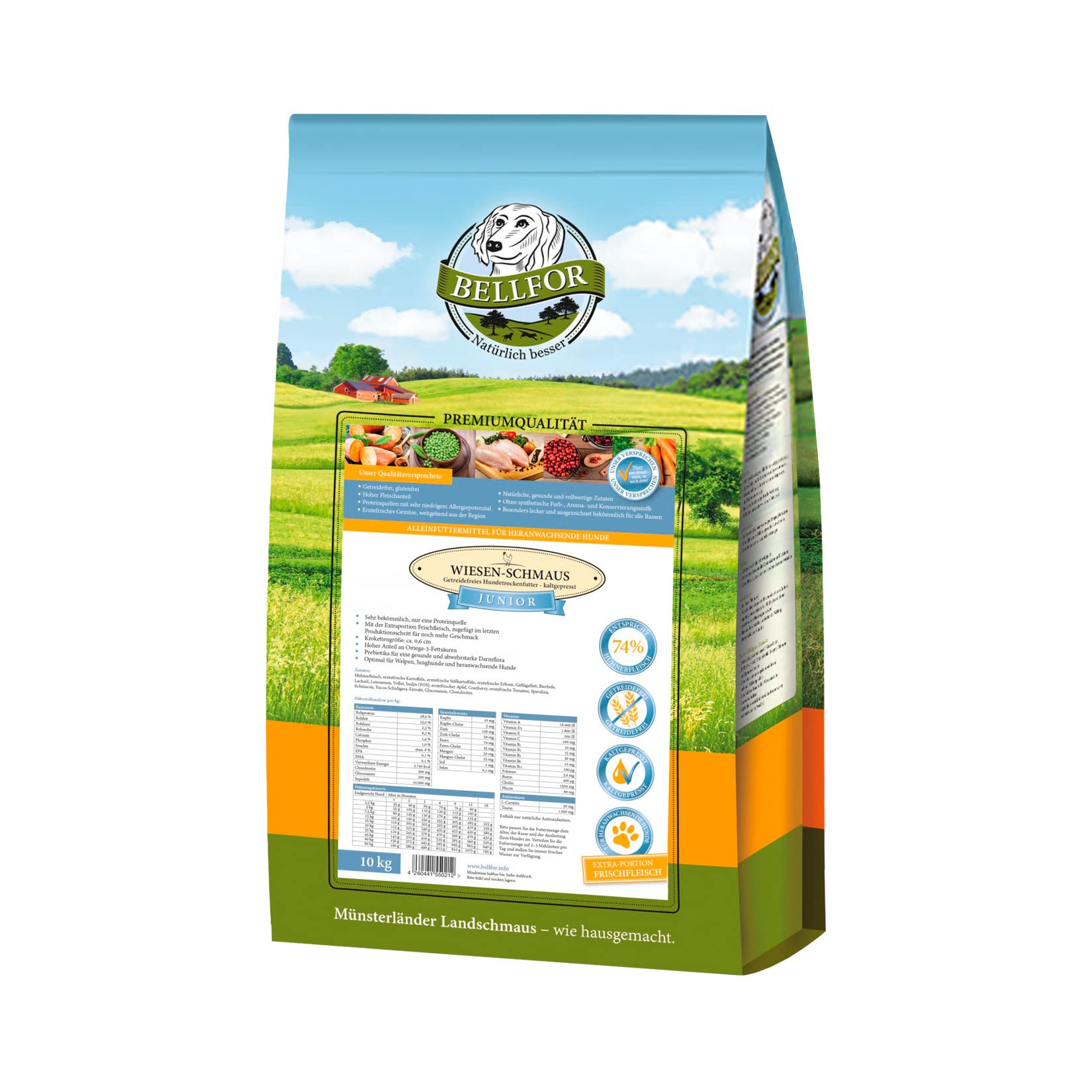 Bellfor Wiesen-Schmaus Junior Alimento seco prensado en frío con Pollo Sin Cereales para Cachorros, Perros jóvenes y Adolescentes, así como Perras gestantes y Lactantes 10 kg