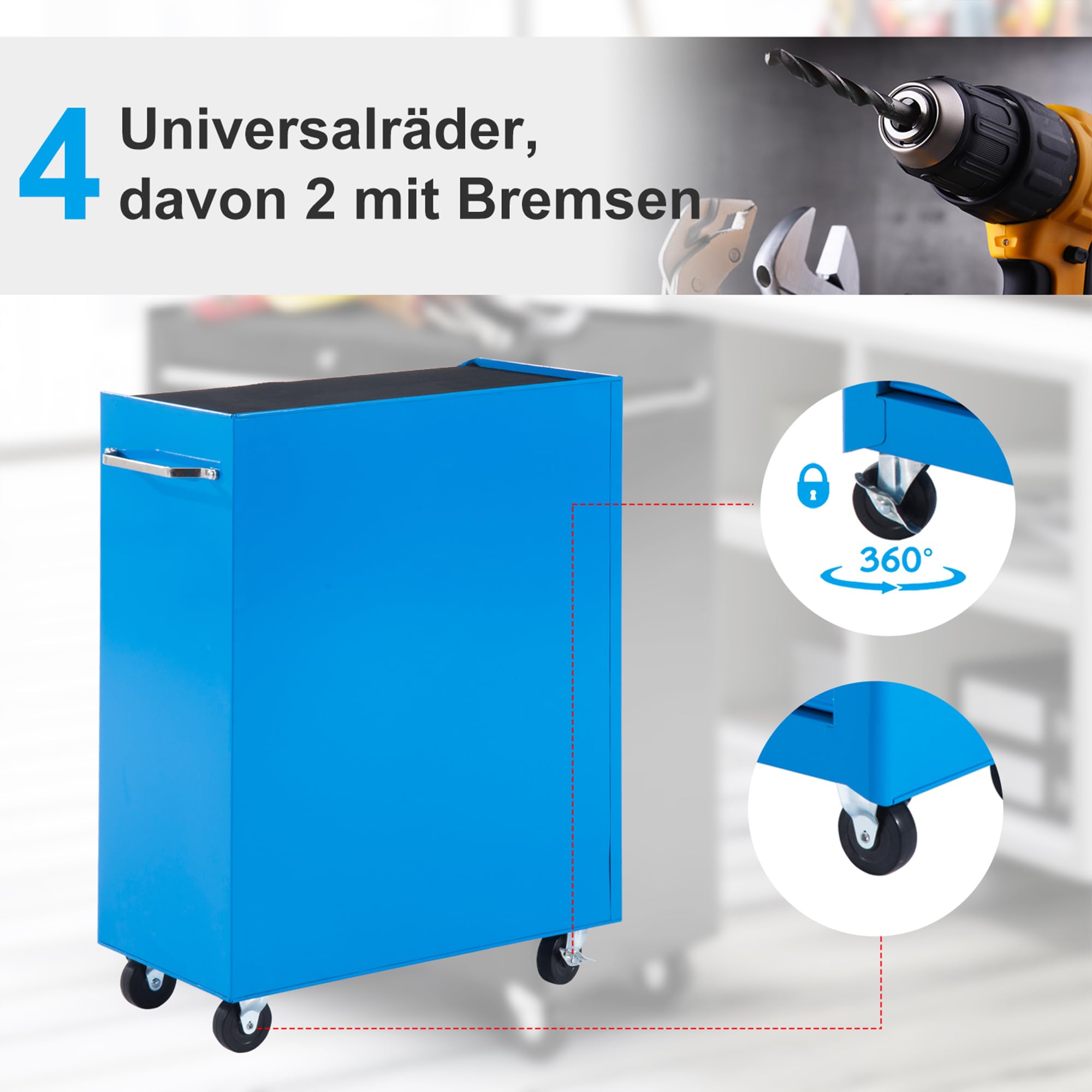 HOMCOM Werkstattwagen 5 Schubladen Werkzeugwagen leer abschließbar mit 4 Rollen mit 2 Feststellbremsen, 2 Schlüssel Blau