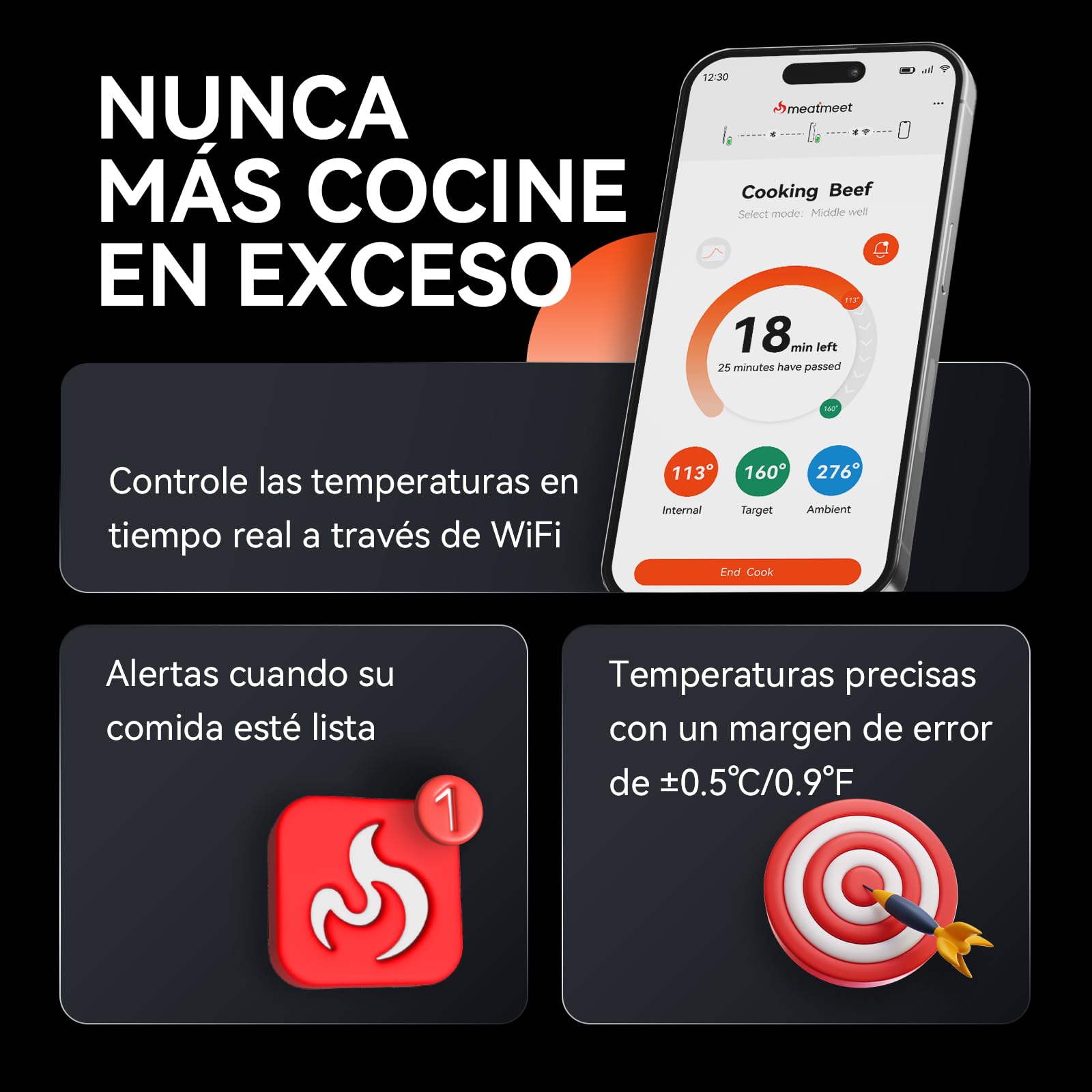 Termómetro para carne Wi-Fi | Sonda inalámbrica de largo alcance para horno, parrilla, freidora de aire, barbacoa | Sensores duales | Impermeabilidad IP67