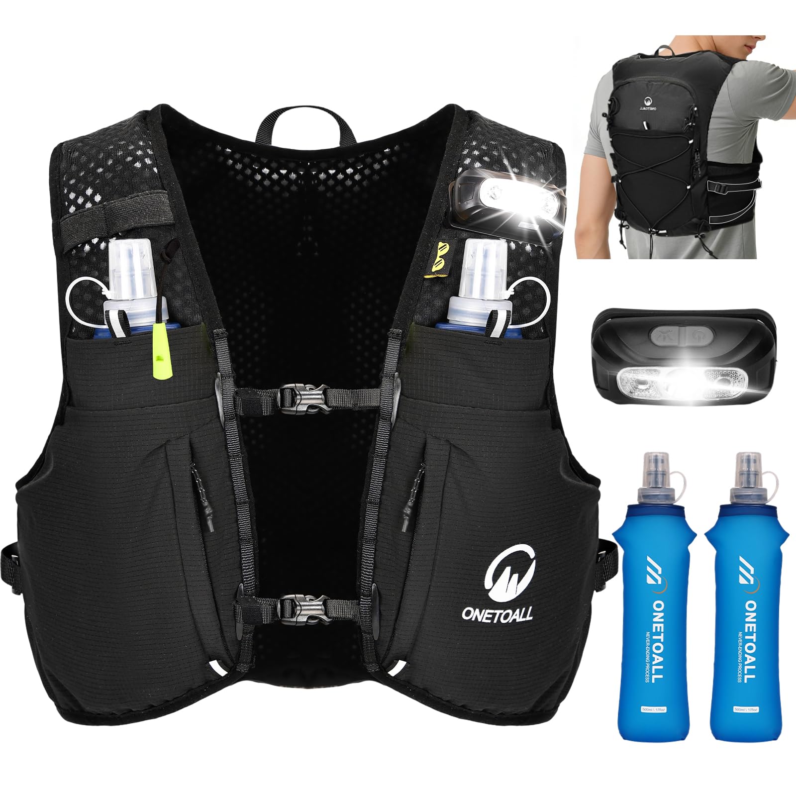 Women's Running Vest with 2 Foldable Water Bottles, 500 ml, Hydration Vest, Running Vest, Running Backpack, Reflective for Marathon, Trail Running, Jogging, Cycling, Black-picture-20