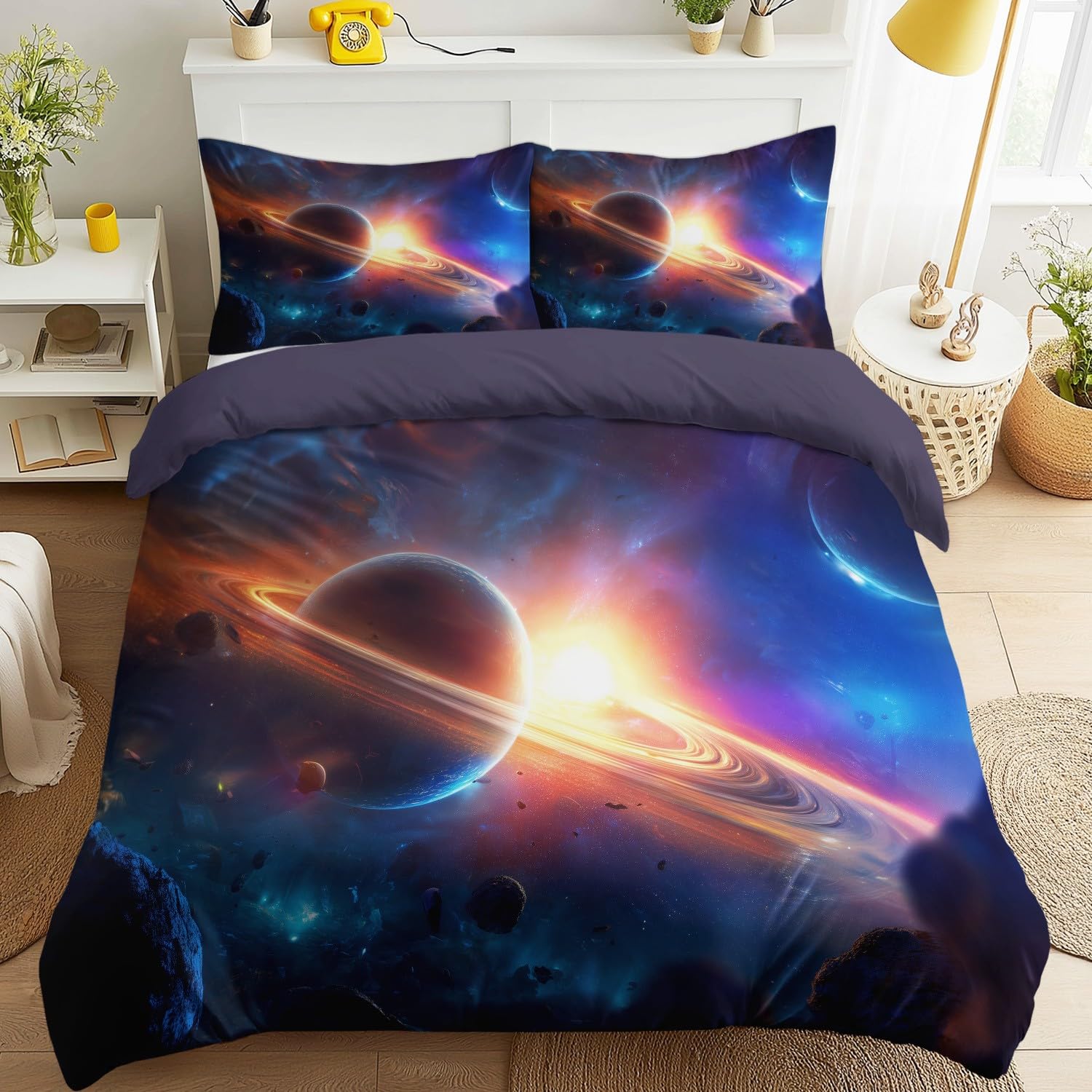 Fantasy Cosmos Super King zestaw pościeli, Dreamy Sci-Fi Ring Planet, miękki zamek błyskawiczny poszewka na kołdrę 260 x 220 cm i poszewka na poduszkę 50 x 75 cm, do sypialni dla dorosłych, dzieci