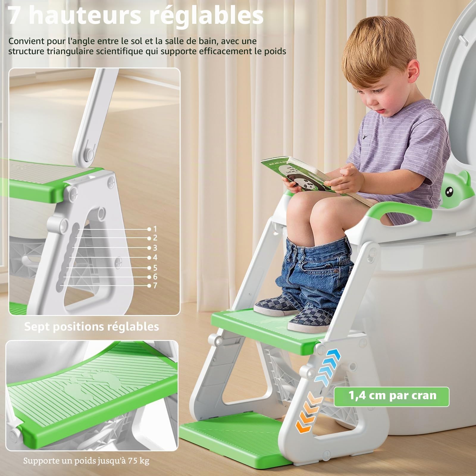 Reducteur Toilette Enfant, Reducteur Wc Enfant,2 en 1 Rehausseur Toilette Enfant avec Coussin Anti-éclaboussures et Antidérapant,Tabouret d'escalier,Réducteurs de Toilettes Pliable et Réglable
