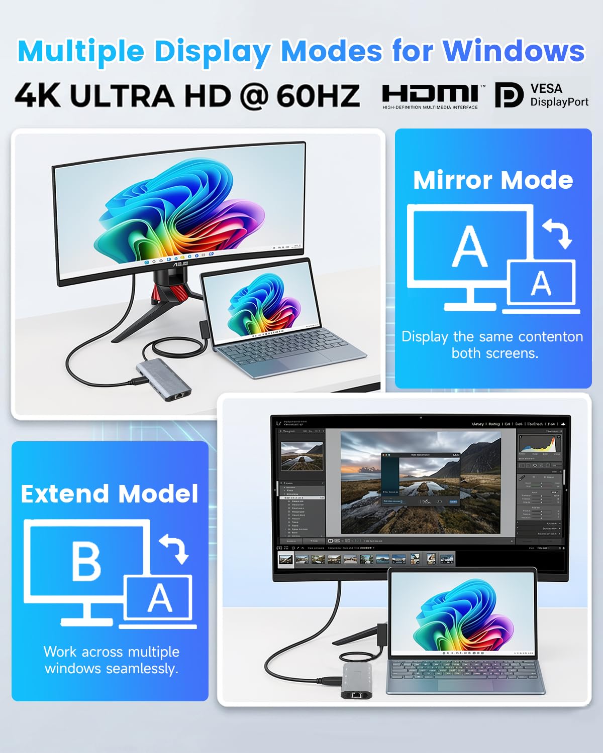 10-en-1 MS Surrface Dock 2-Station d'accueil Surrface,HDMI 4K@60Hz | Ethernet Gigabit,3xUSB 3.0,2xUSB-C 3.0,1xUSB-C PD,SD/TF,pour MS Surface Pro 11/10/9/8/X/7/6/5,Surface Laptop, Book