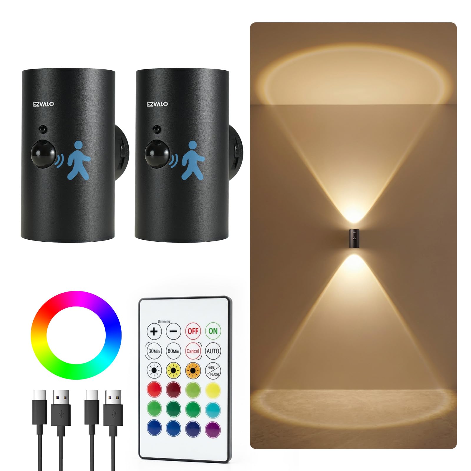 EZVALO Motion Sensor Wall Lights, 4000mAh Rechargeable Battery LED Wall Lights, 3 CCT & 12 RGB with Remote Control, Cordless Lamp for Hallway Stairway Bedroom(2, Black)