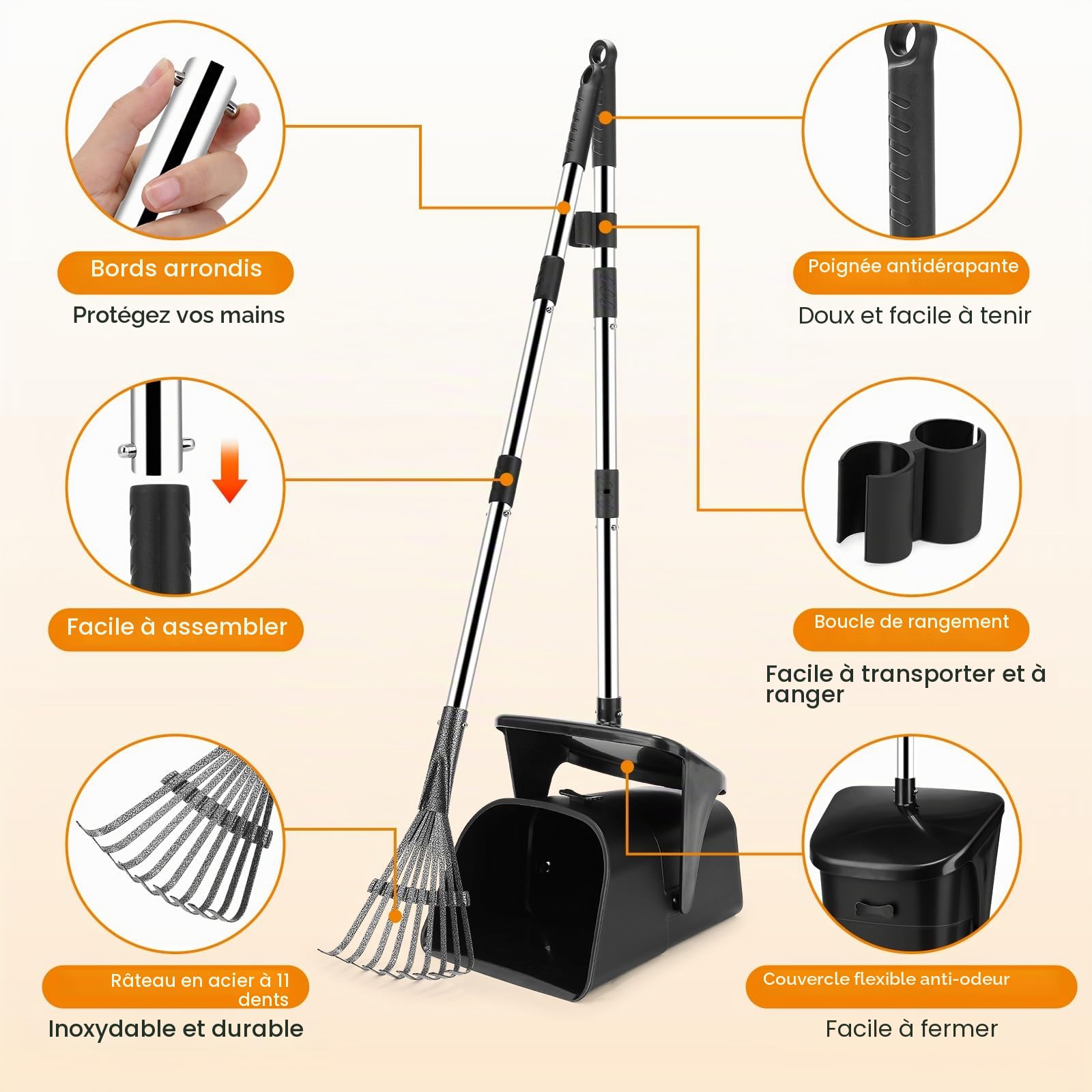 HAPPY HACHI Ramasse Crotte pour Chien, Kit Poubelle et Râteau Pivotant à Long Manche Réglable avec 20 Sacs Poubelle, Pelle a Crotte Portable pour Chiens de Petite, Moyenne et Grande